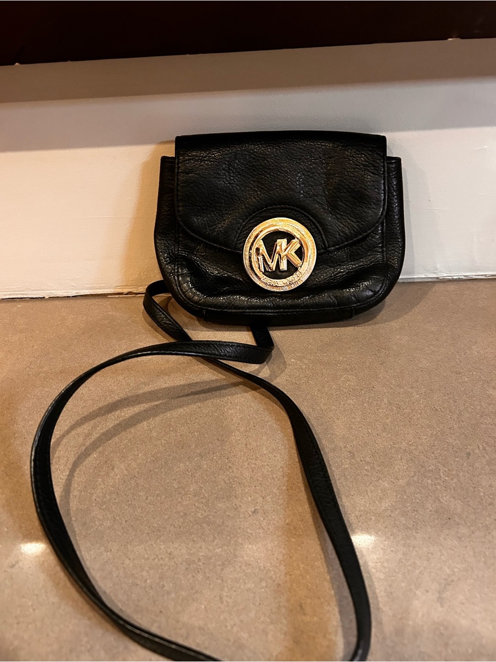 Michael Kors Black Leather Crossbody with Gold MK Emblem